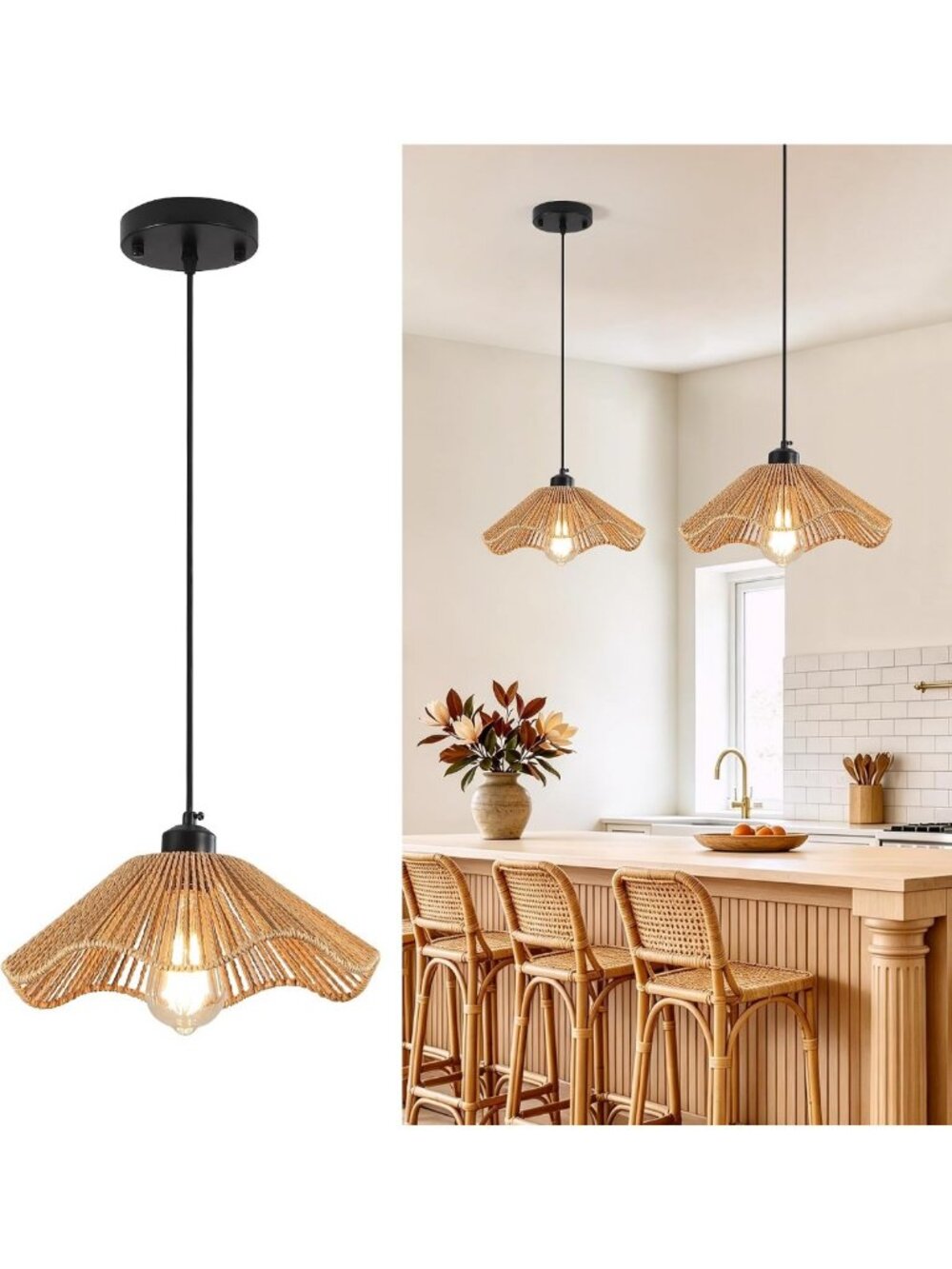 Hand Woven Boho Rattan Pendant Light | Stylish Hanging Lamp for Kitchen Island
